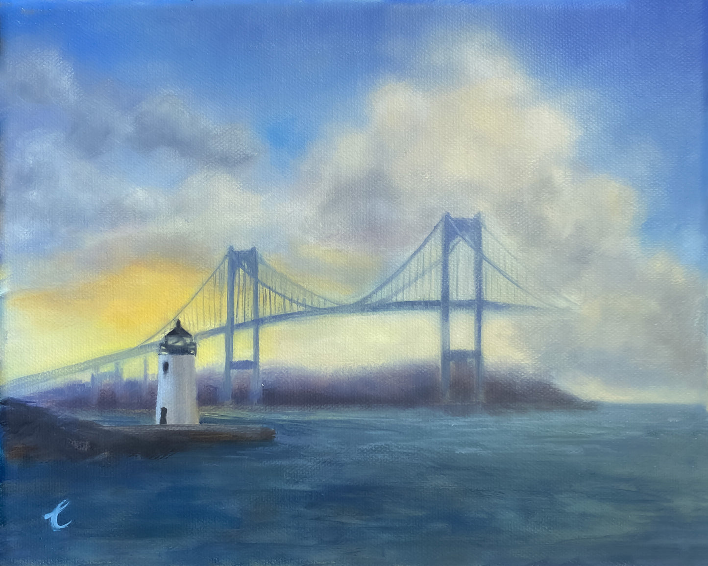 Painting of a Goat Island ighthouse, Newport RI on an island with a Newport Bridge in the background.