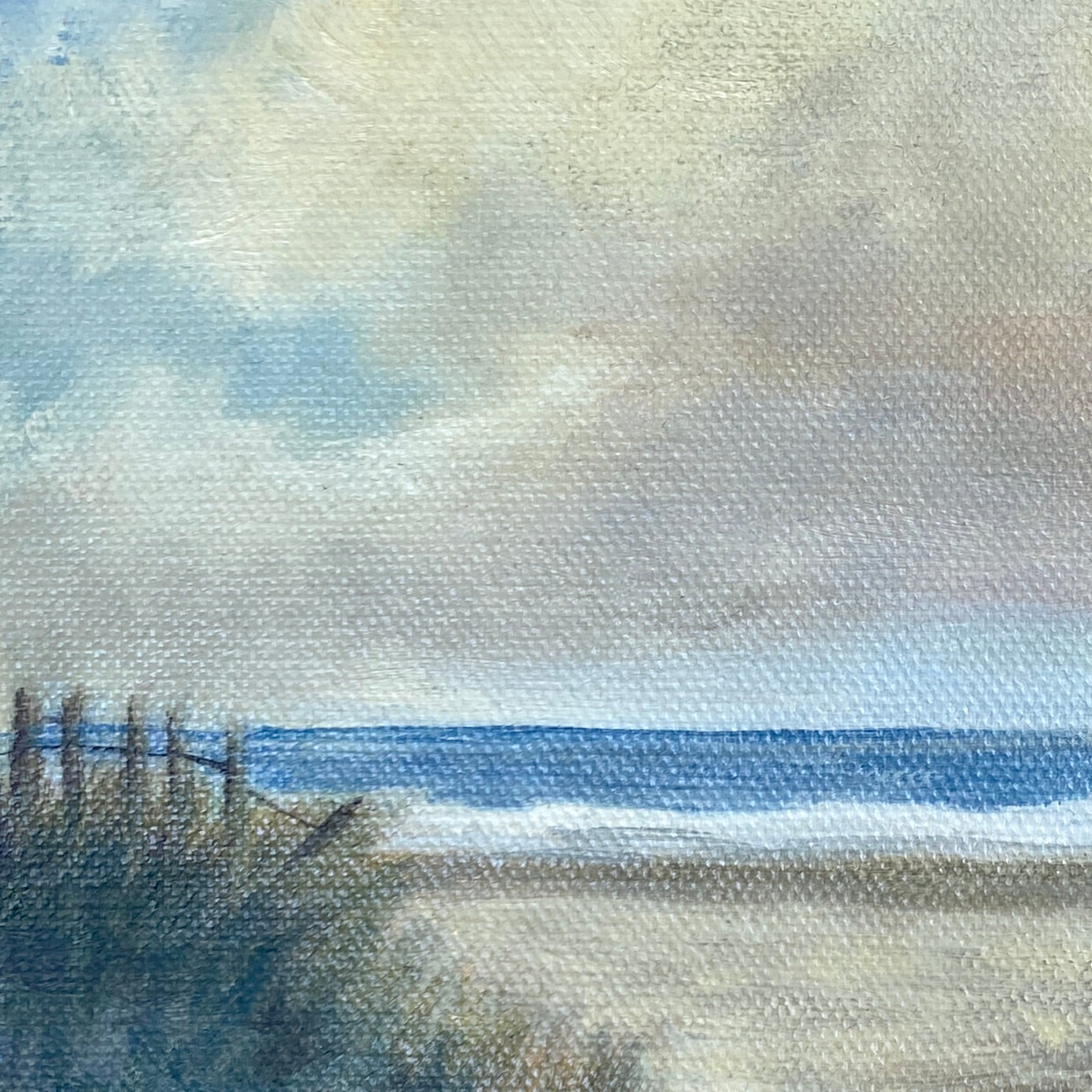 Deatail of oil painting depiction of Narragansett beach scene with a fence and ocean waves.