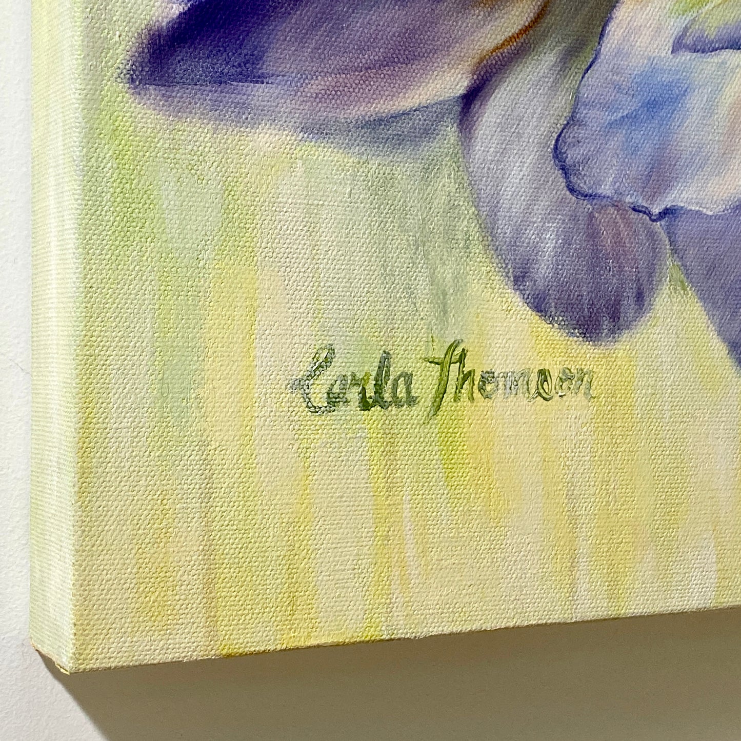Detail of the artist's signature on Echoes of Blue original oil painting.