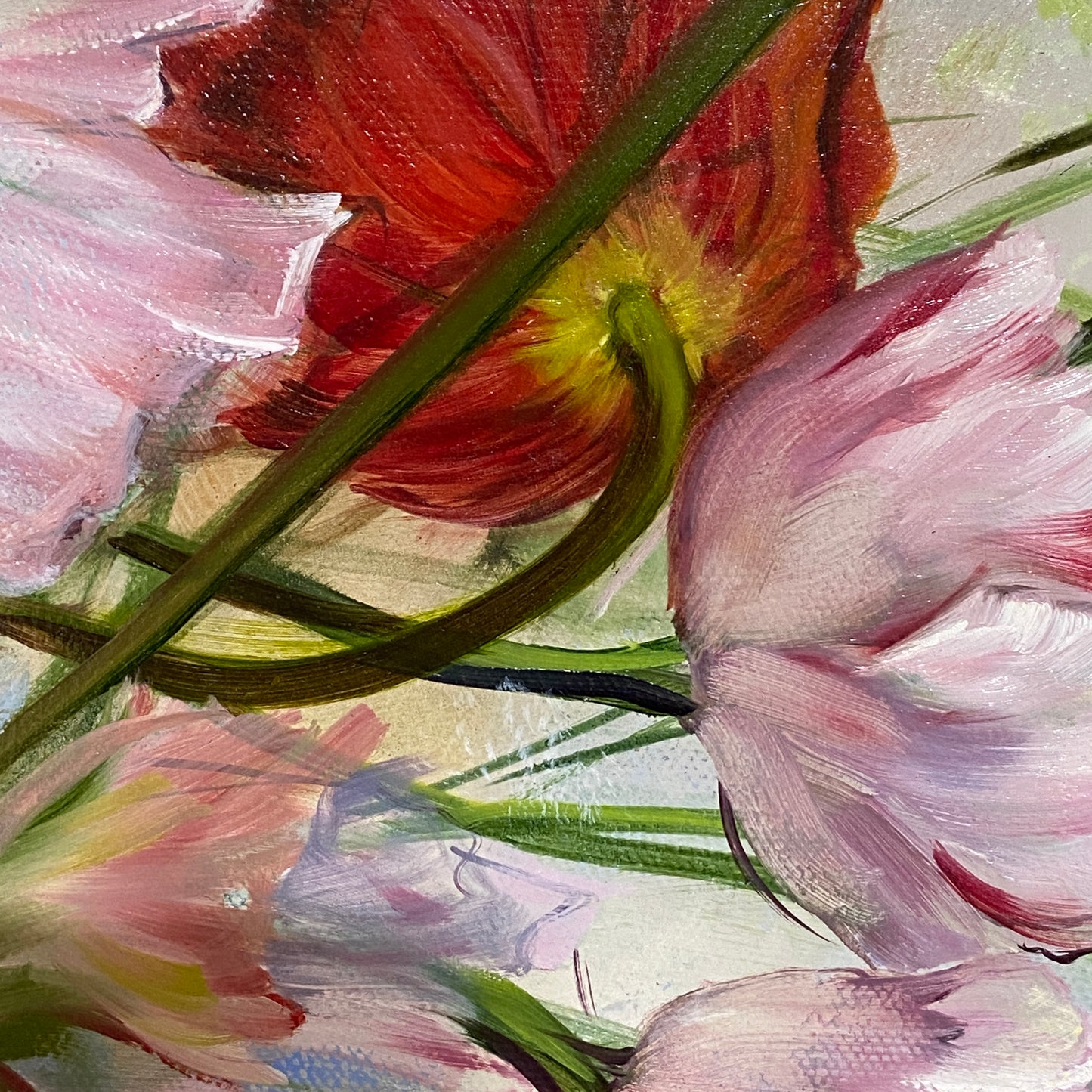 Close-up of Wishful Thinking a colorful original floral oil painting of pink flowers with green leaves