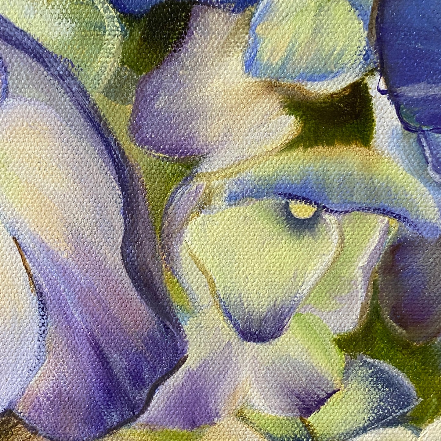 Close-up of a painting of Echoes of Blue original hydrangea oil painting with blue green color scheme