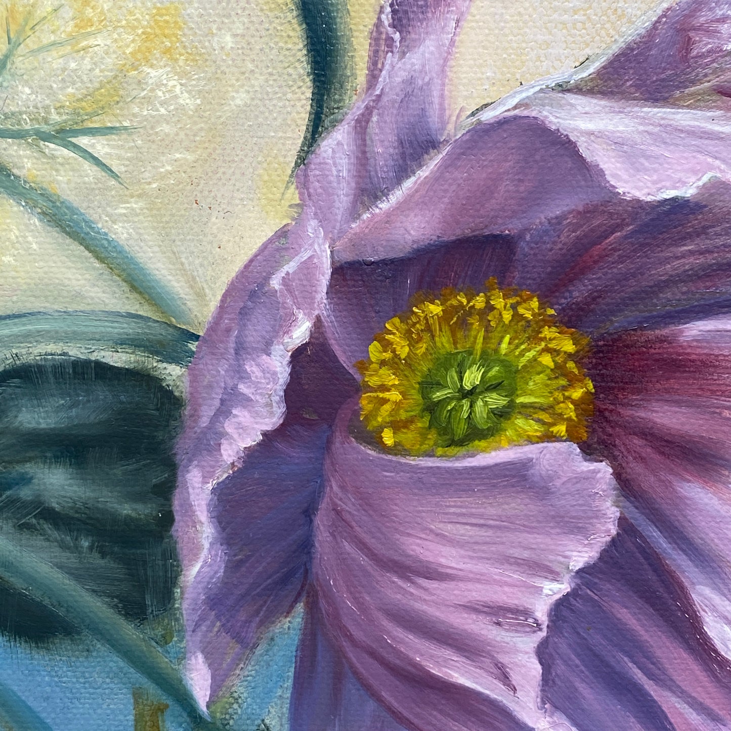 Close-up of a purple flower with a yellow center on a textured background in original floral oil painting Tangled Reverie
