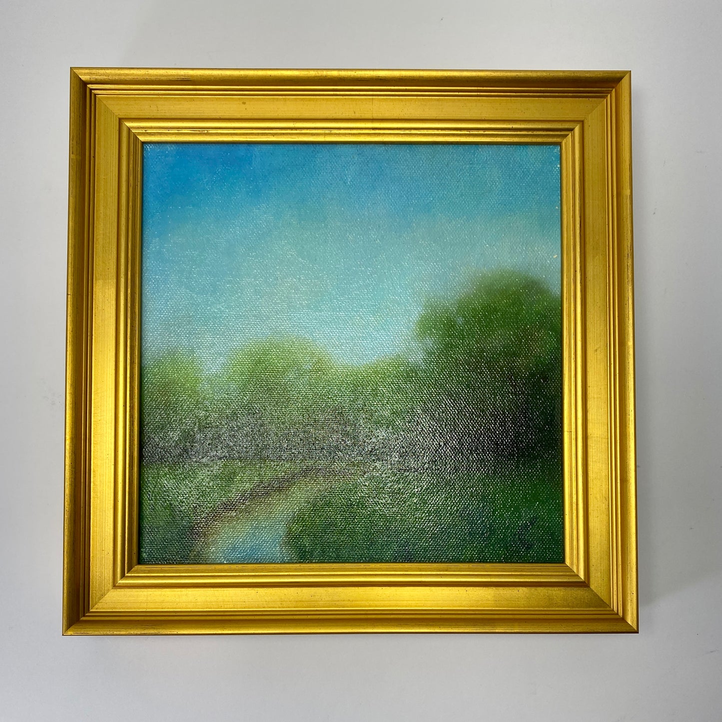Gold Framed painting of a landscape with trees and blue sky on a white wall.