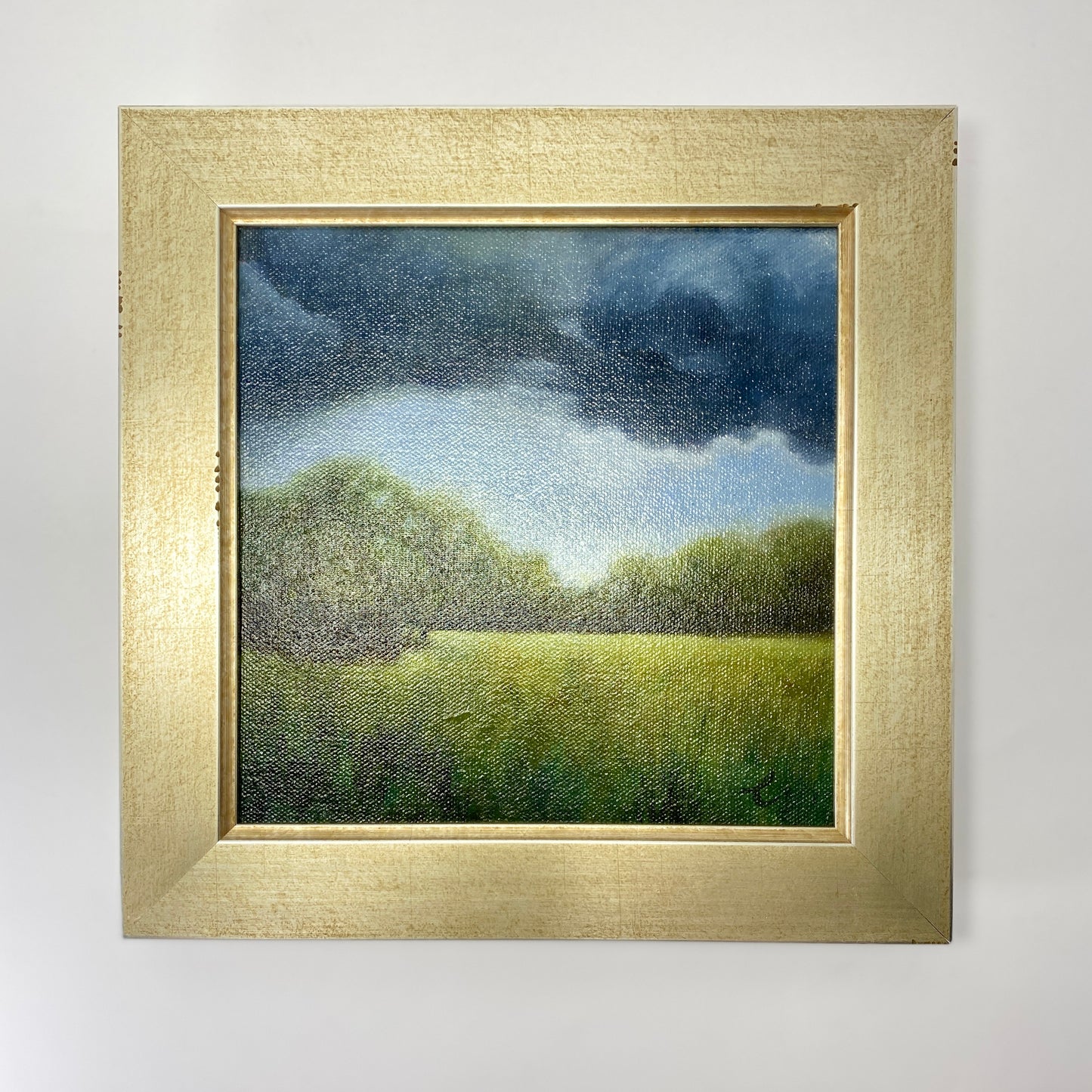 Framed painting of a landscape with trees and sky.