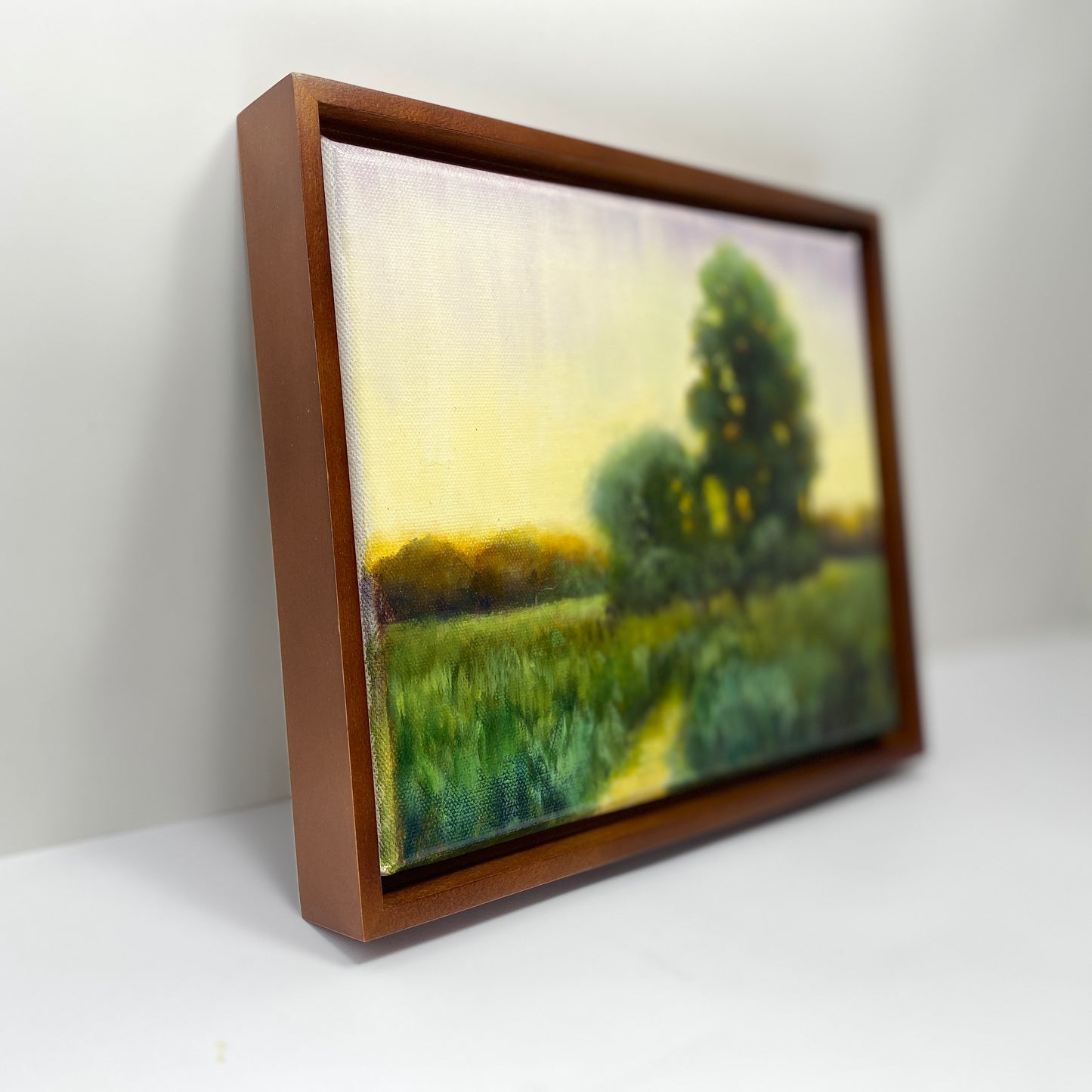 Framed painting of a landscape with trees and grass on a white surface.