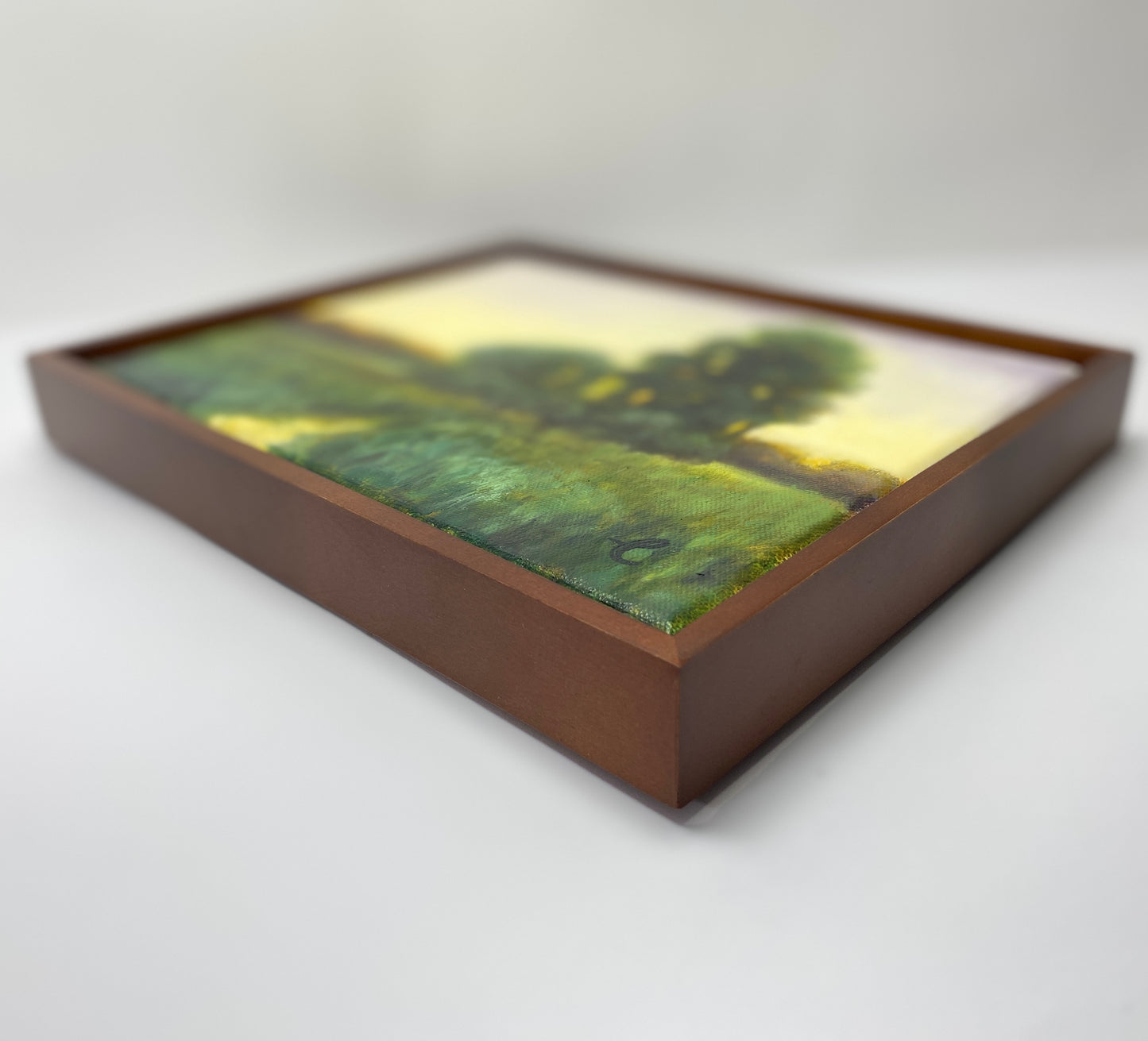 Framed artwork with a landscape scene on a white background
