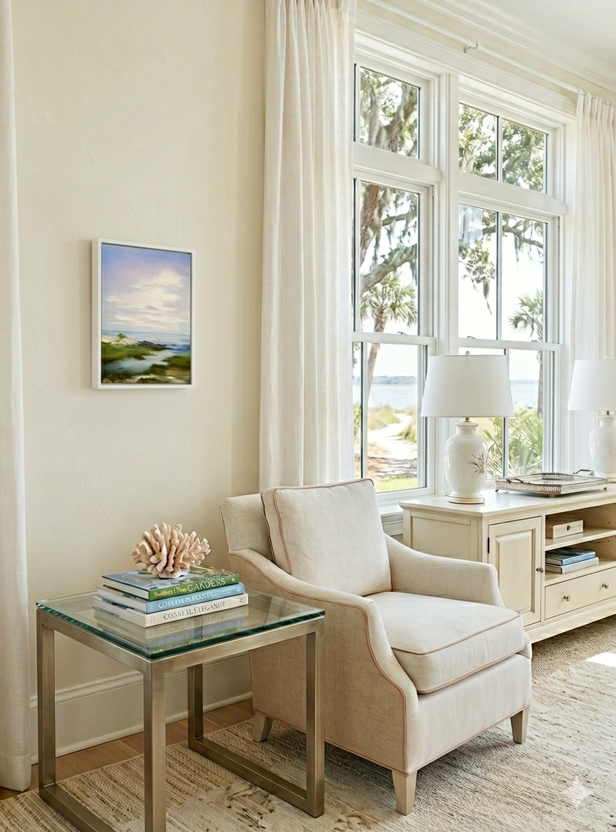 A sunlit, luxury coastal living room featuring a small 9x12" landscape painting of a marshland at sunset, framed in a white float frame on a cream wall. The room includes a linen armchair, a glass and metal side table with coffee table books, and large windows overlooking live oak trees and water.