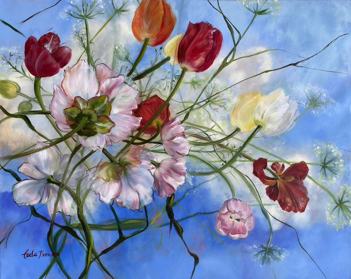 Wishful Thinking a colorful original floral oil painting with red, pink, and white flowers against a blue background.
