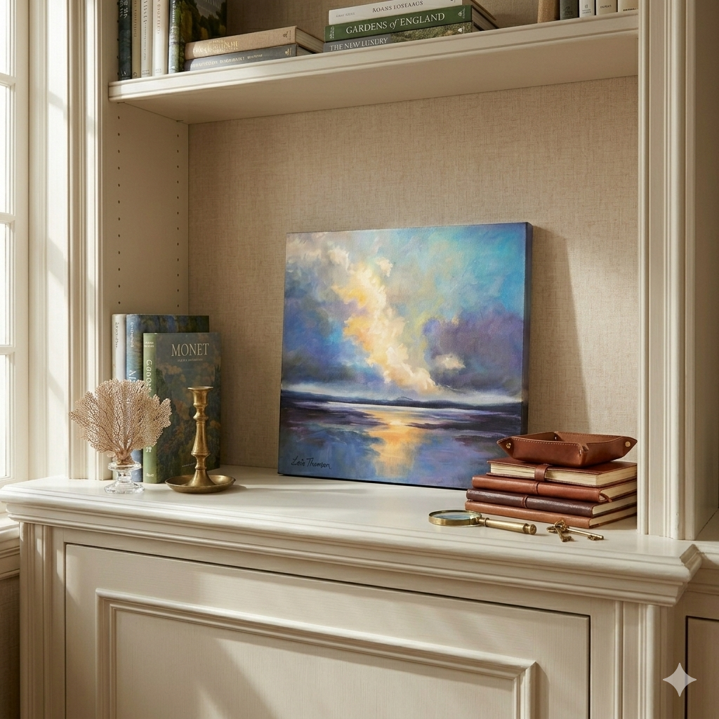 Sunrise original oil painting displayed in a library alcove setting — Carla Thomson Art