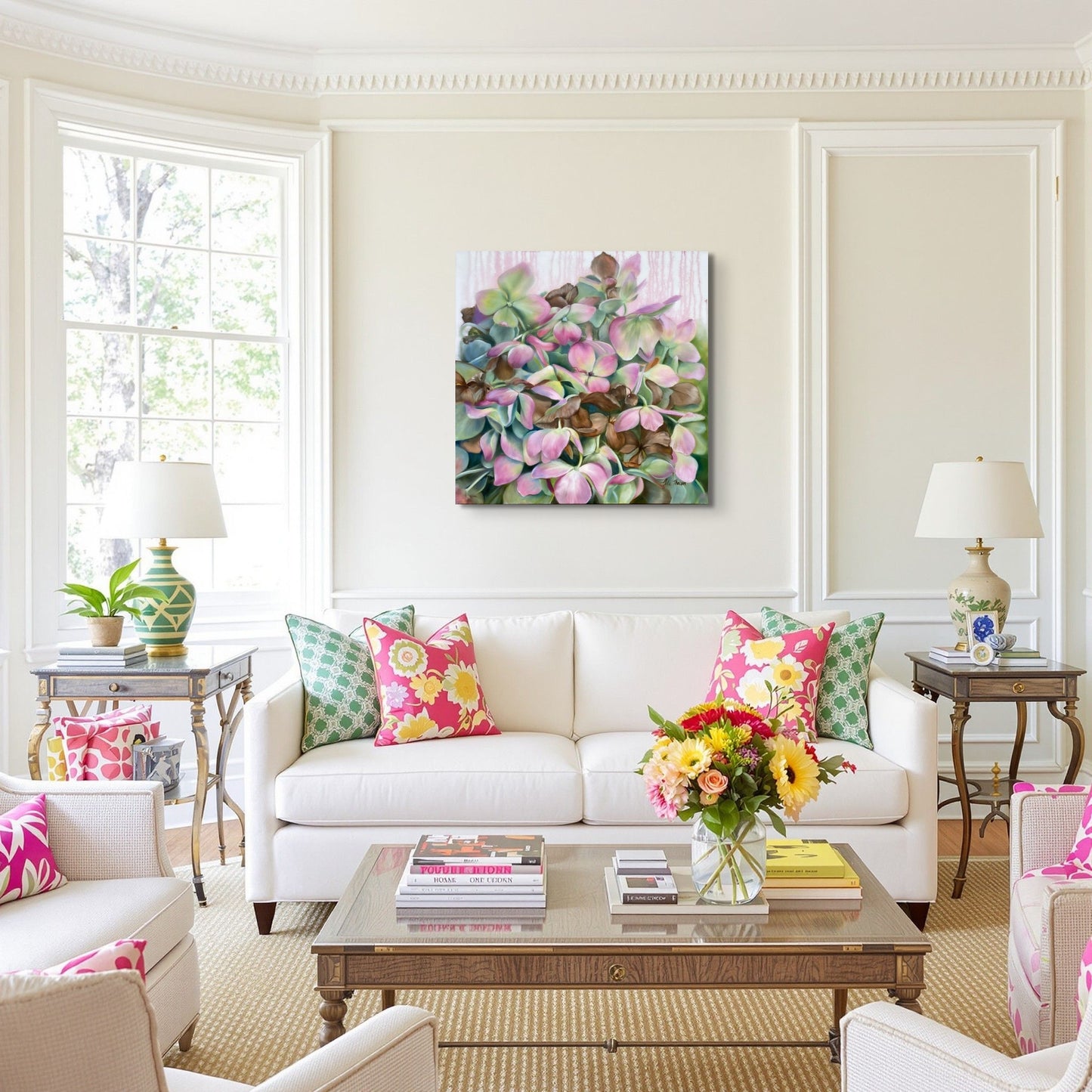 Living room with a white sofa, colorful pillows, and Whispers of TIme original floral oil painting on the wall.