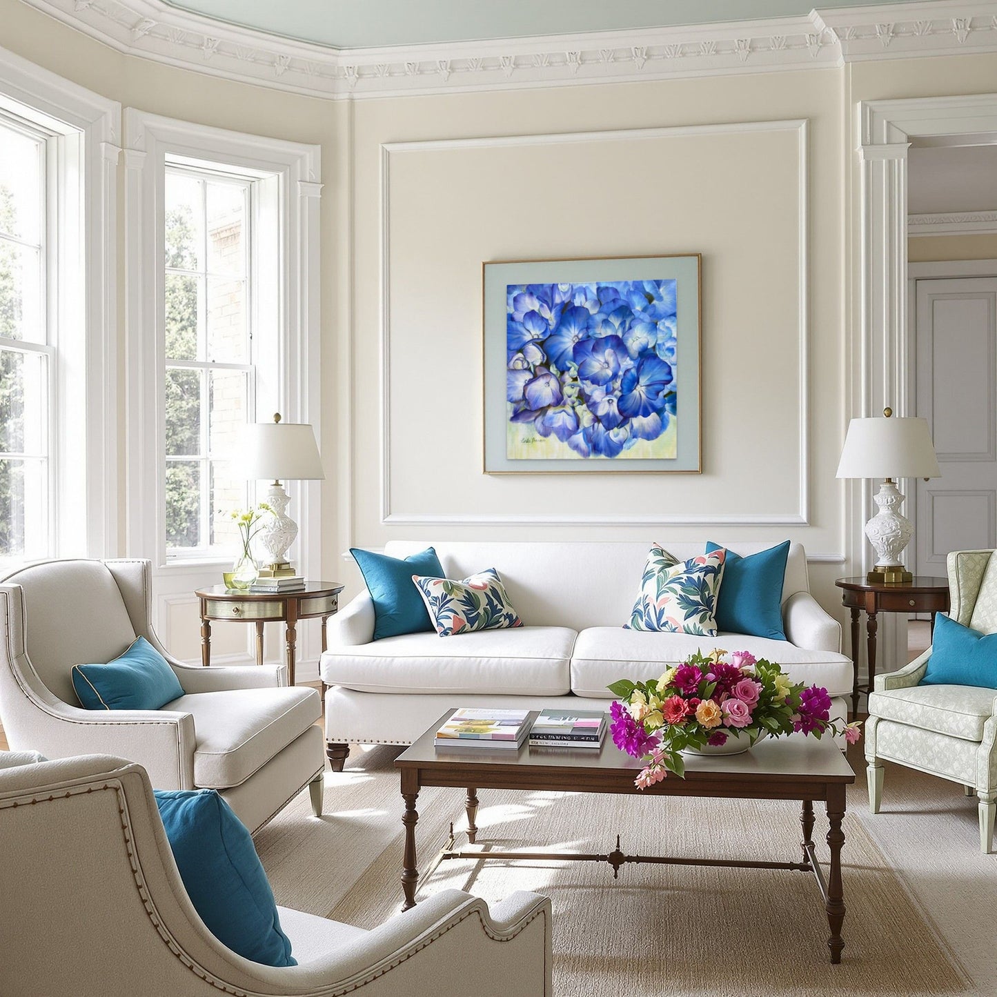 Living room with Echoes of Blue original oil painting over white sofa, armchairs, and a coffee table with flowers.