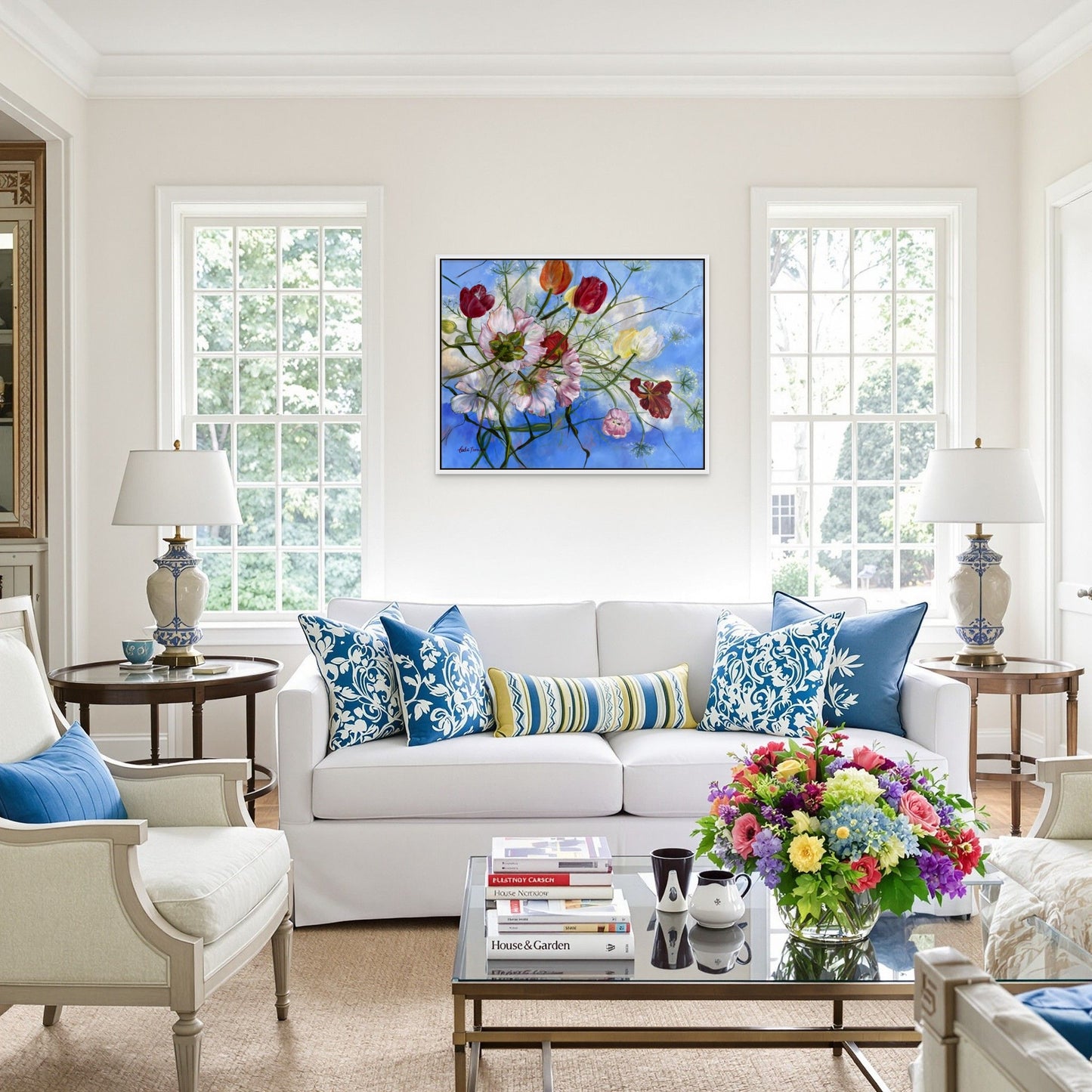 Wishful Thinking a colorful original floral oil painting in a Living room with a white sofa, colorful pillows, and flowers.