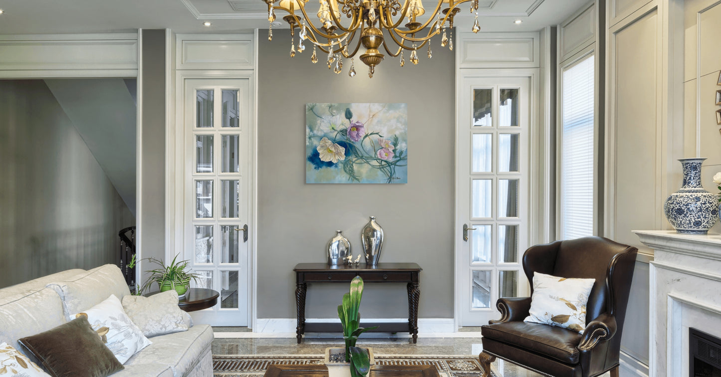 Living room with a chandelier, sofa, armchair, and decorative elements and original floral oil painting Tangled Reverie on wall.