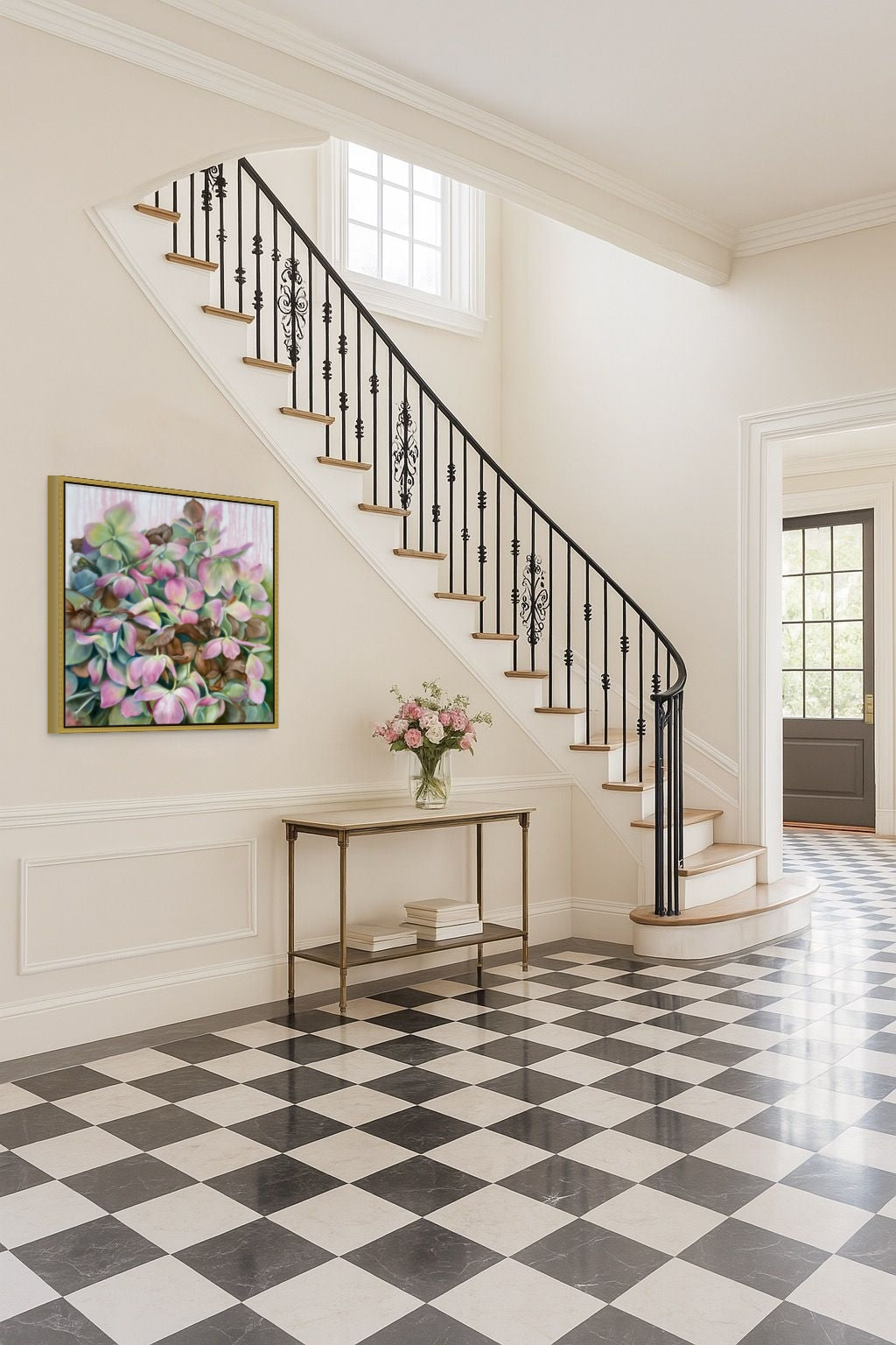 Staircase with black and gold railing in a home interior with the Whispers of Time original oil floral painting.
