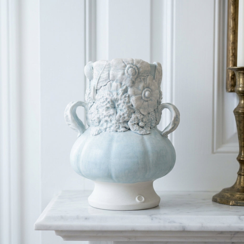 Botanical Relief: Coastal — Celadon porcelain vase with botanical relief and handles