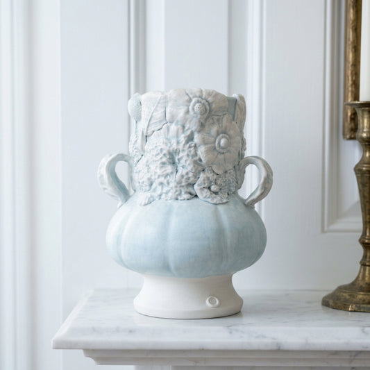Botanical Relief: Coastal — Celadon porcelain vase with botanical relief and handles