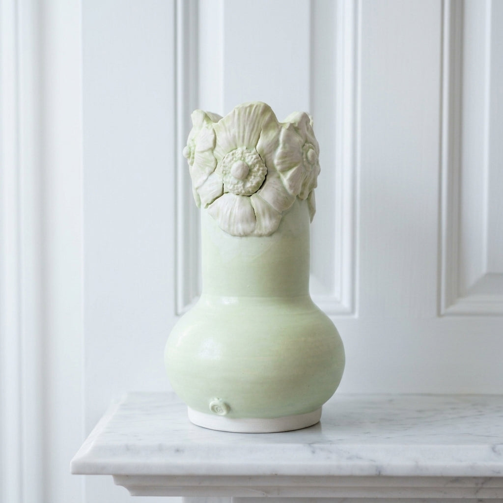 Botanical Relief: Garden — Meadow handbuilt porcelain vase with warm sage glaze and anemone relief