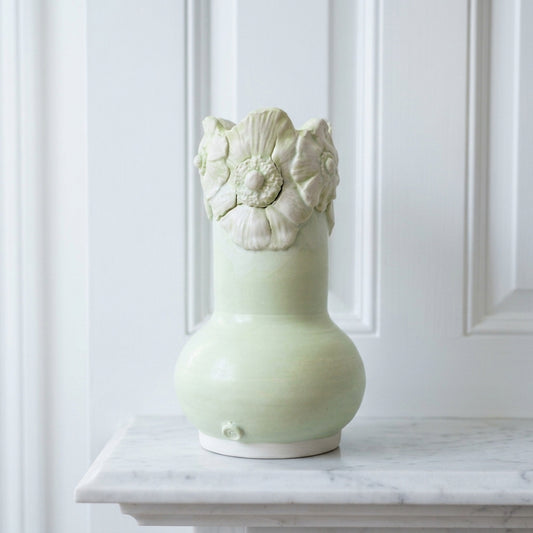 Botanical Relief: Garden — Meadow handbuilt porcelain vase with warm sage glaze and anemone relief