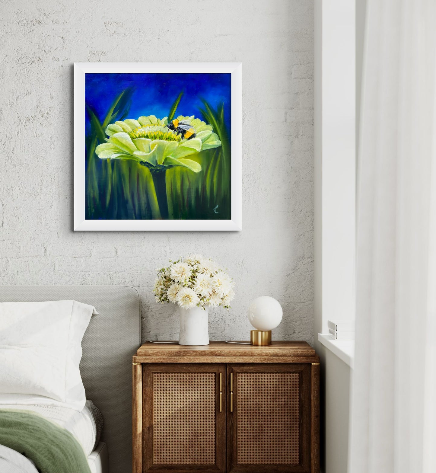 White Zinnia with Bumblebee