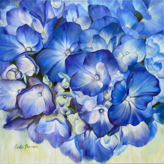 Close-up of blue hydrangea flower with a blurred background