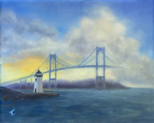 Painting of a Goat Island ighthouse, Newport RI on an island with a Newport Bridge in the background.