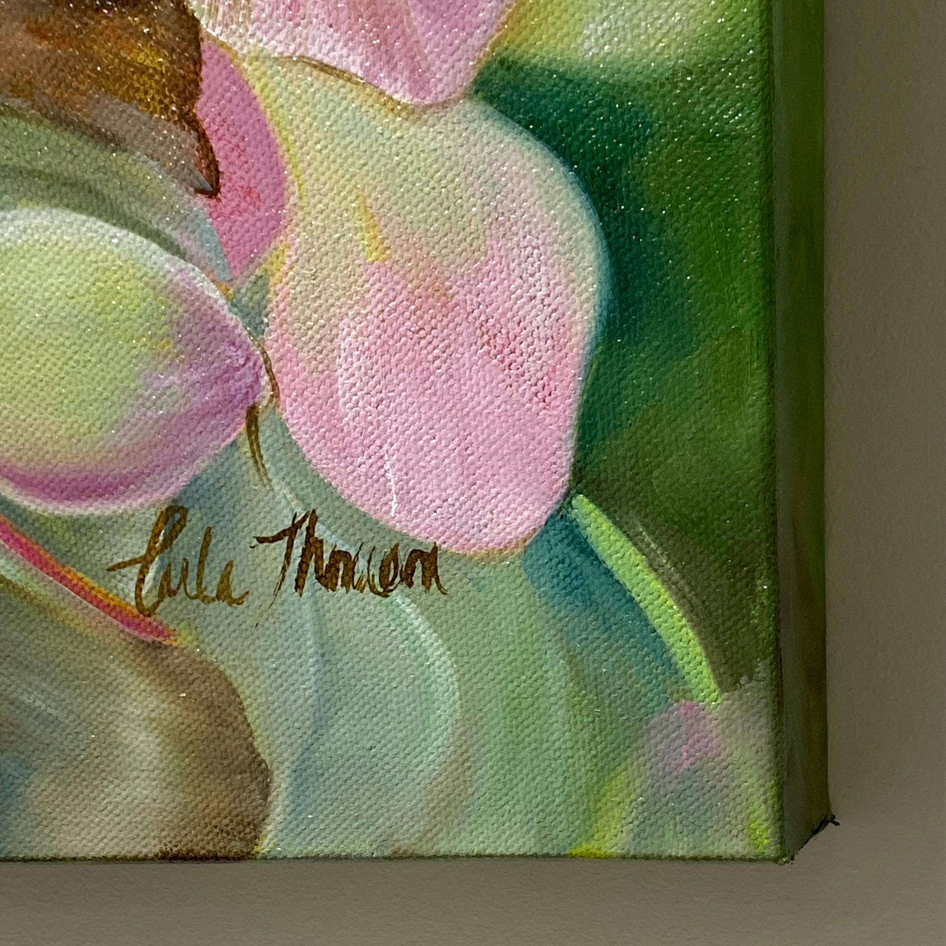 Close up of artist Carla Thomsons signature on Whispers of TIme original oil painting