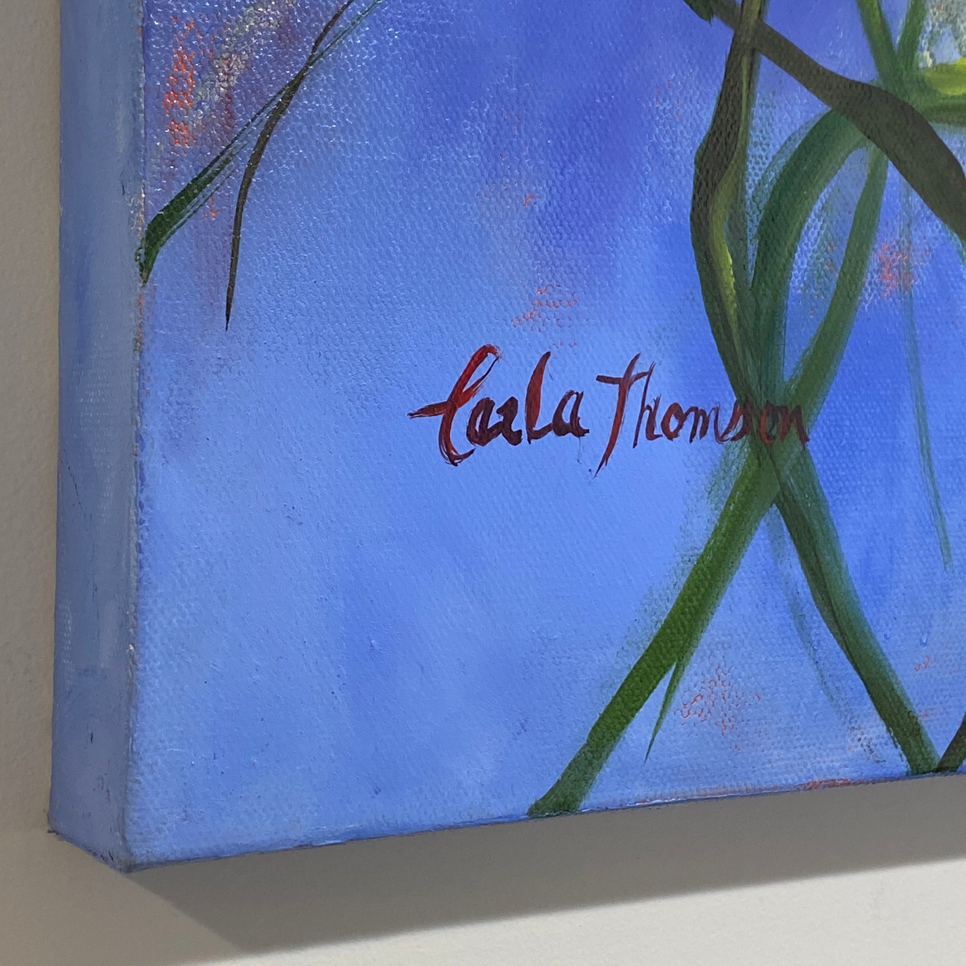 Detail of artist Carla Thomson's signature on original oil paintgin. 
