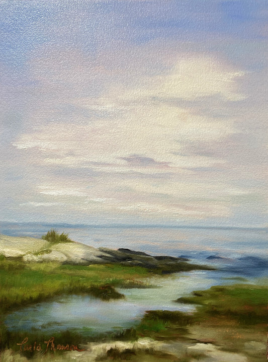 Atmospheric 9x12" landscape oil painting of a marshland at sunset