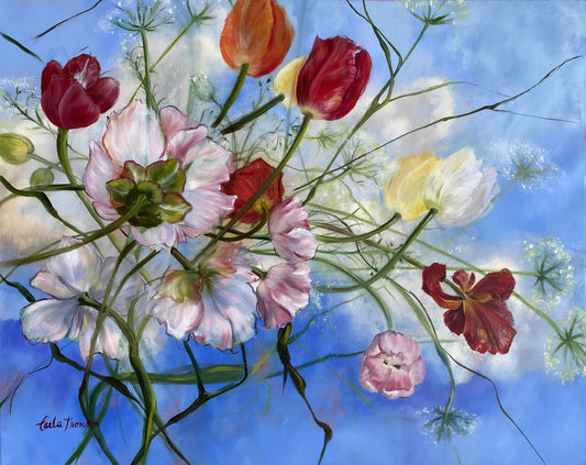 Wishful Thinking a colorful original floral oil painting with red, pink, and white flowers against a blue background.