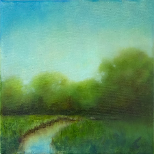 Artistic depiction of a landscape with trees and water, using soft, blended colors.