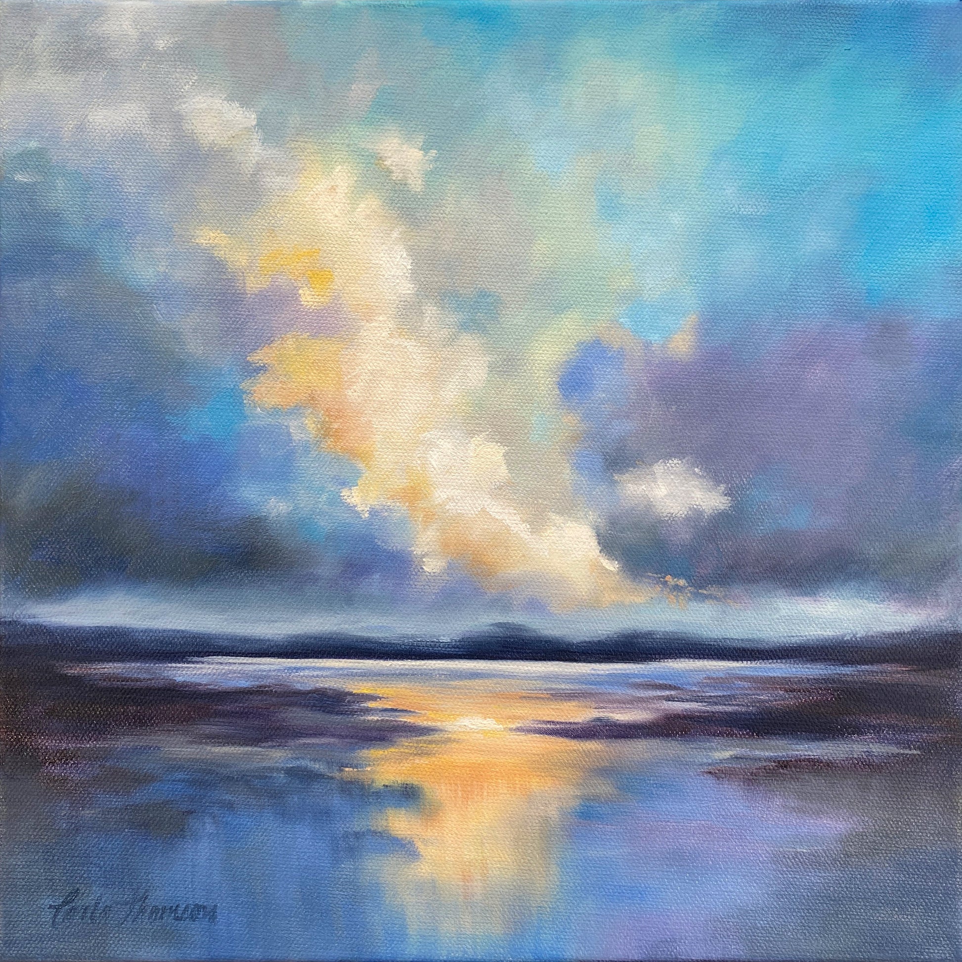 Sunrise — original oil painting, 12x12 inches, soft blues, lavender and warm gold clouds reflected in still water — Carla Thomson Art