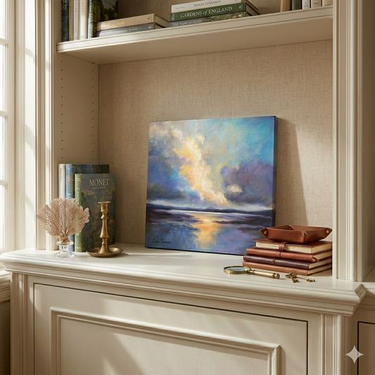 Sunrise original oil painting displayed in a library alcove setting — Carla Thomson Art