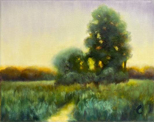 Toanlist Painting of a tree in a field at sunset with a soft, warm color palette