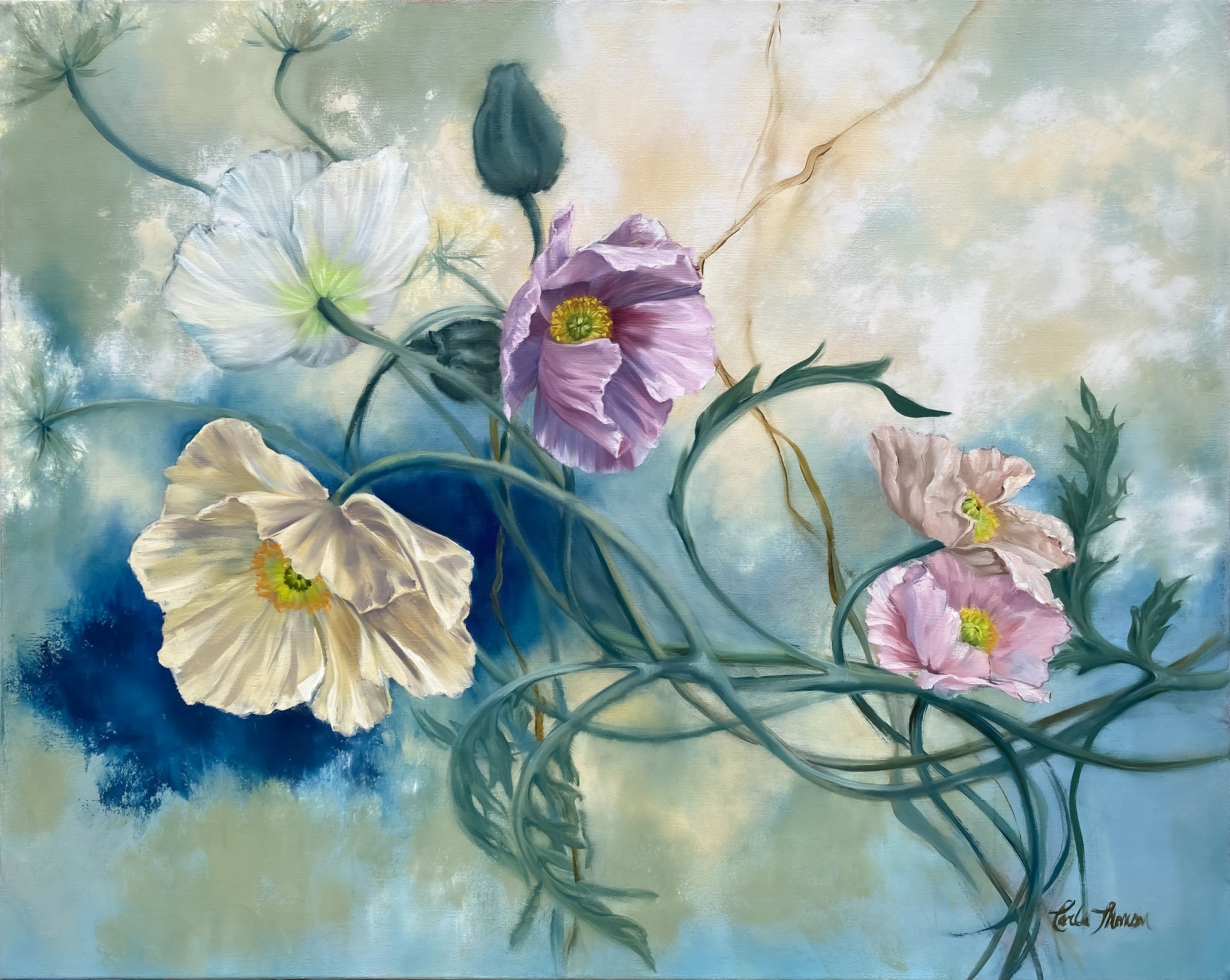 Original Oil Painting of softly colorored poppy flowers with a soft, blue, green, pink, rose and neutral pastel color palette on a textured background