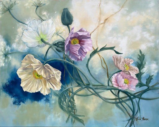 Original Oil Painting of softly colorored poppy flowers with a soft, blue, green, pink, rose and neutral pastel color palette on a textured background