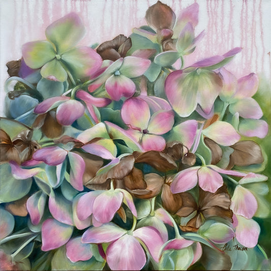 Original oil painting Whispers of Time by Carla Thomson, featuring soft pink, green, and brown hydrangea petals in a lush, layered composition with a dreamy, organic atmosphere