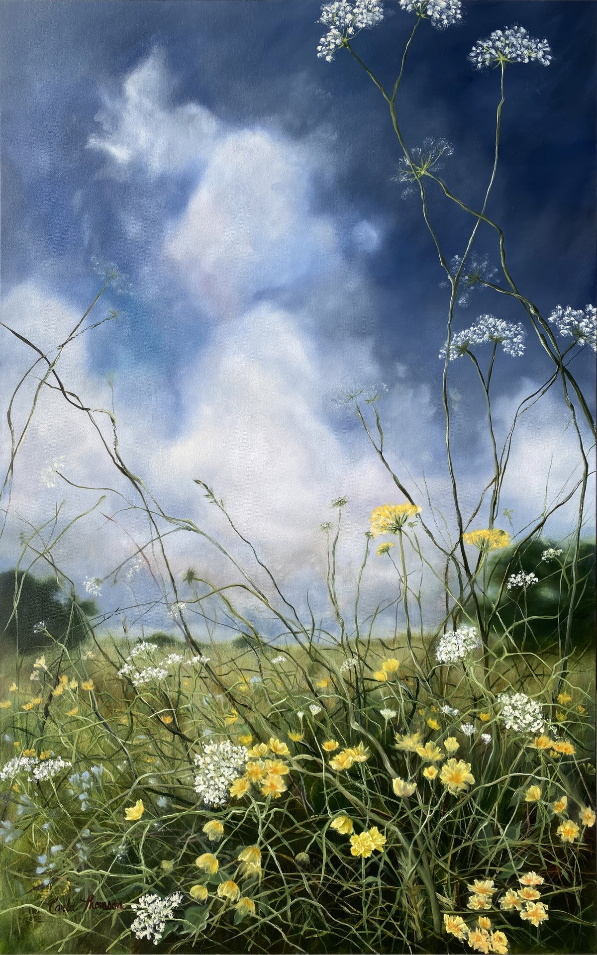 Wildflower Sky original oil painting of Queen Anne's lace and yellow wildflowers beneath a cloud-filled blue summer sky