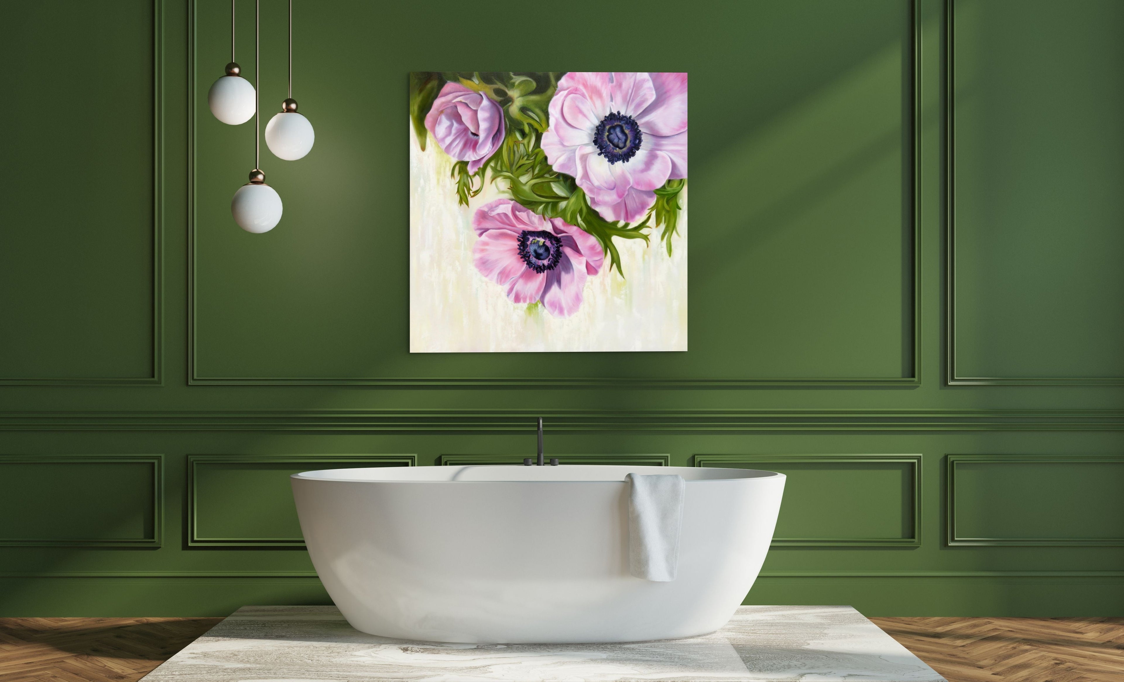 large pink floral original painting over modern white bathtub with green wall